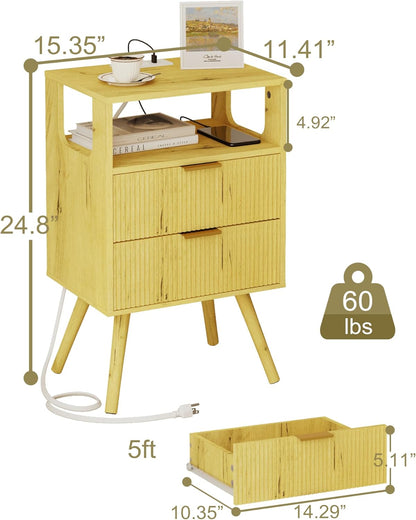 Nightstand with Charging Station and LED Lights,Modern Bedside Table with 2 Storage Drawer and Open