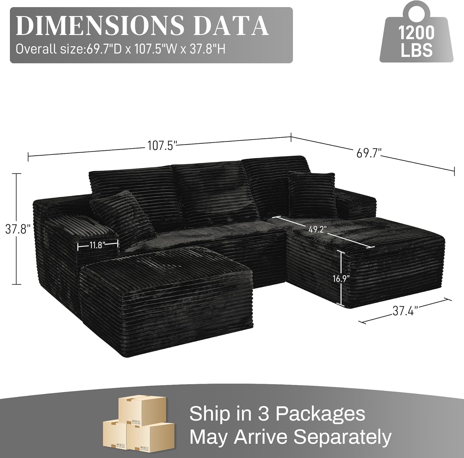 Modular Sectional Sofa Cloud Sectional Couch, 107" Comfy Fluffy U Shaped Black Couches for Living