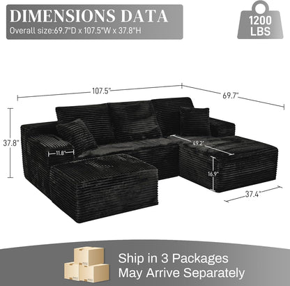 Modular Sectional Sofa Cloud Sectional Couch, 107" Comfy Fluffy U Shaped Black Couches for Living
