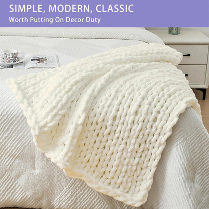 Bigacogo Chunky Knit Throw Blanket for Couch, 40x40 inches, 100% Hand Knitted with Thick Jumbo