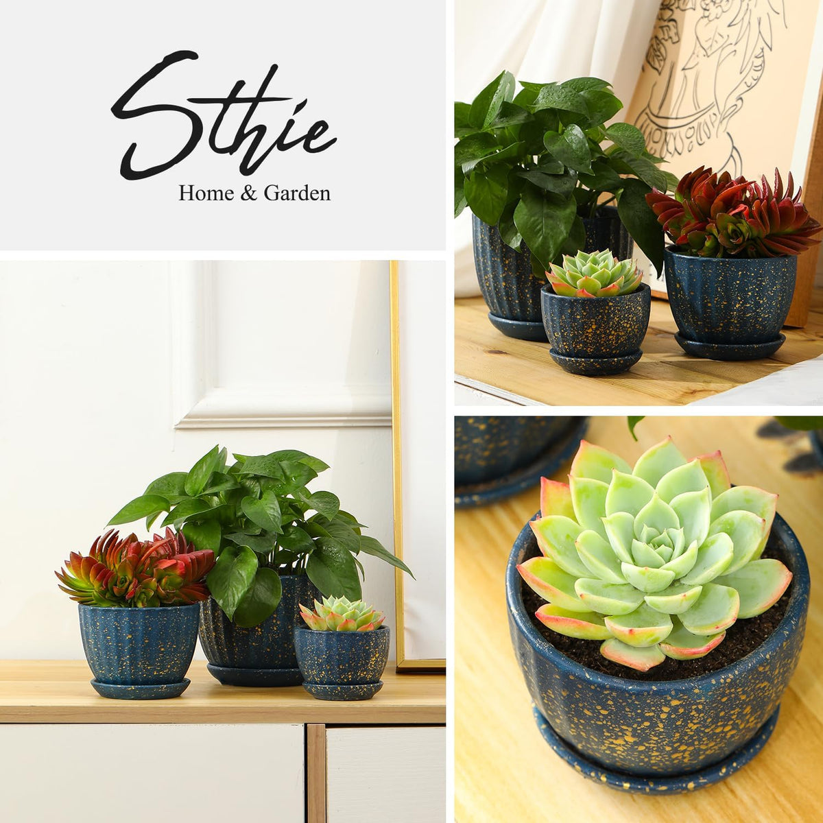 Ceramic Plant Pots with Drainage Holes and Saucers, Round Blue Flower Pots for Indoor Plant