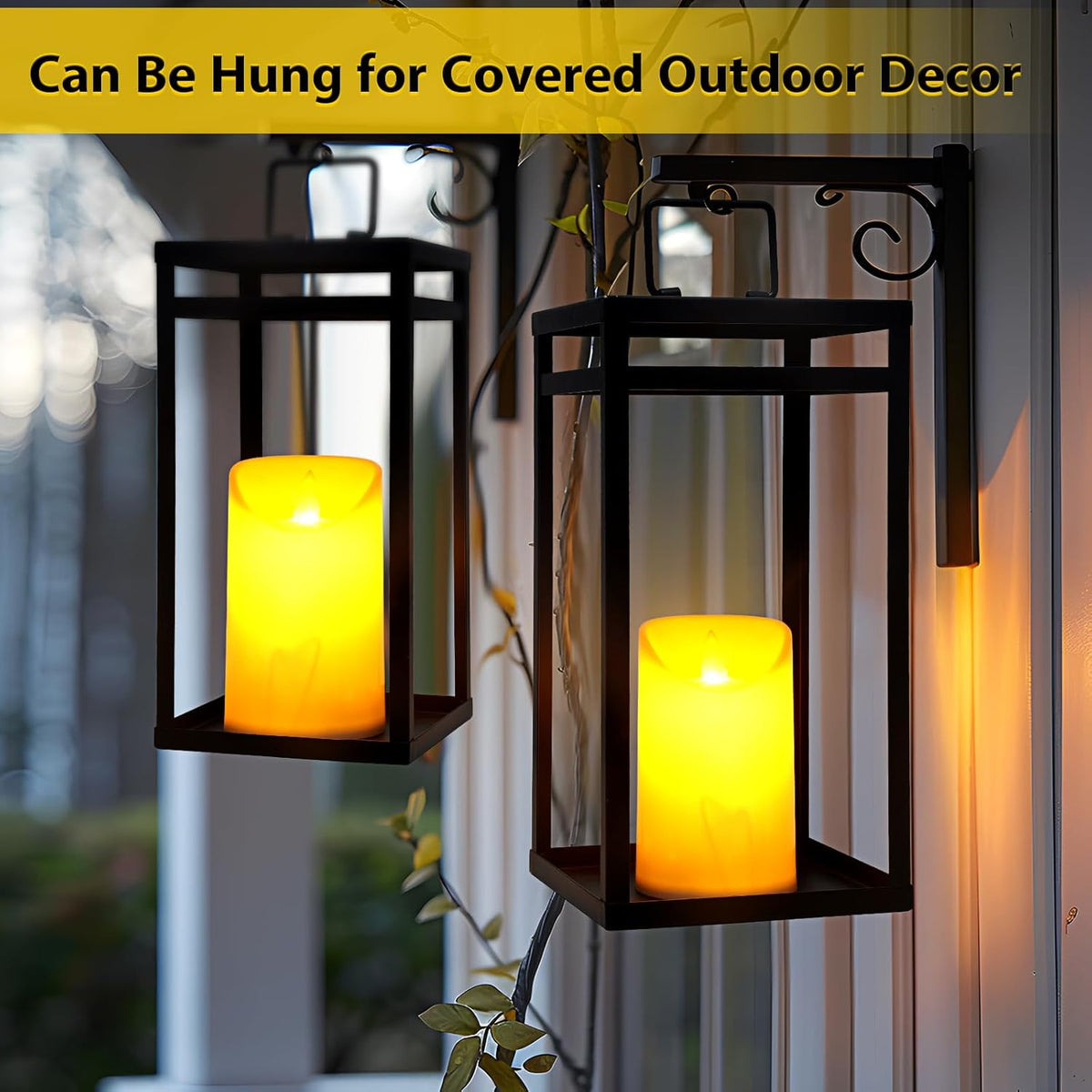 Modern Farmhouse Lantern Decor, 2Pcs Metal Candle Lanterns with Flameless Candles Black Decorative