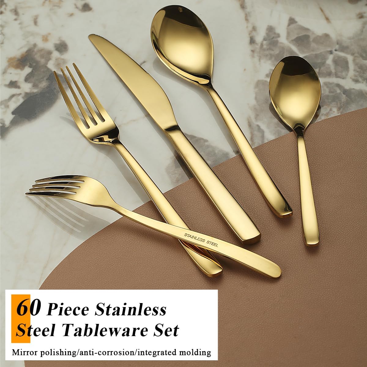 Berglander Gold Silverware Set 60pcs Service for 12, Golden Titanium Plating Stainless Steel