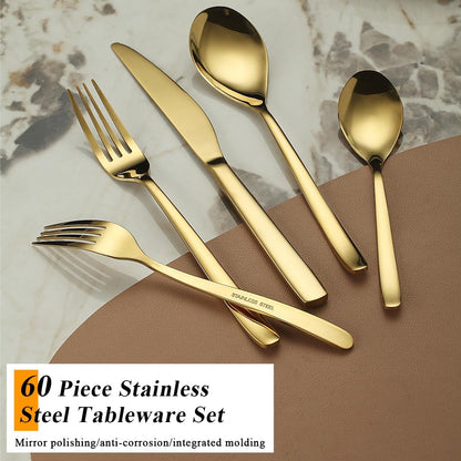 Berglander Gold Silverware Set 60pcs Service for 12, Golden Titanium Plating Stainless Steel