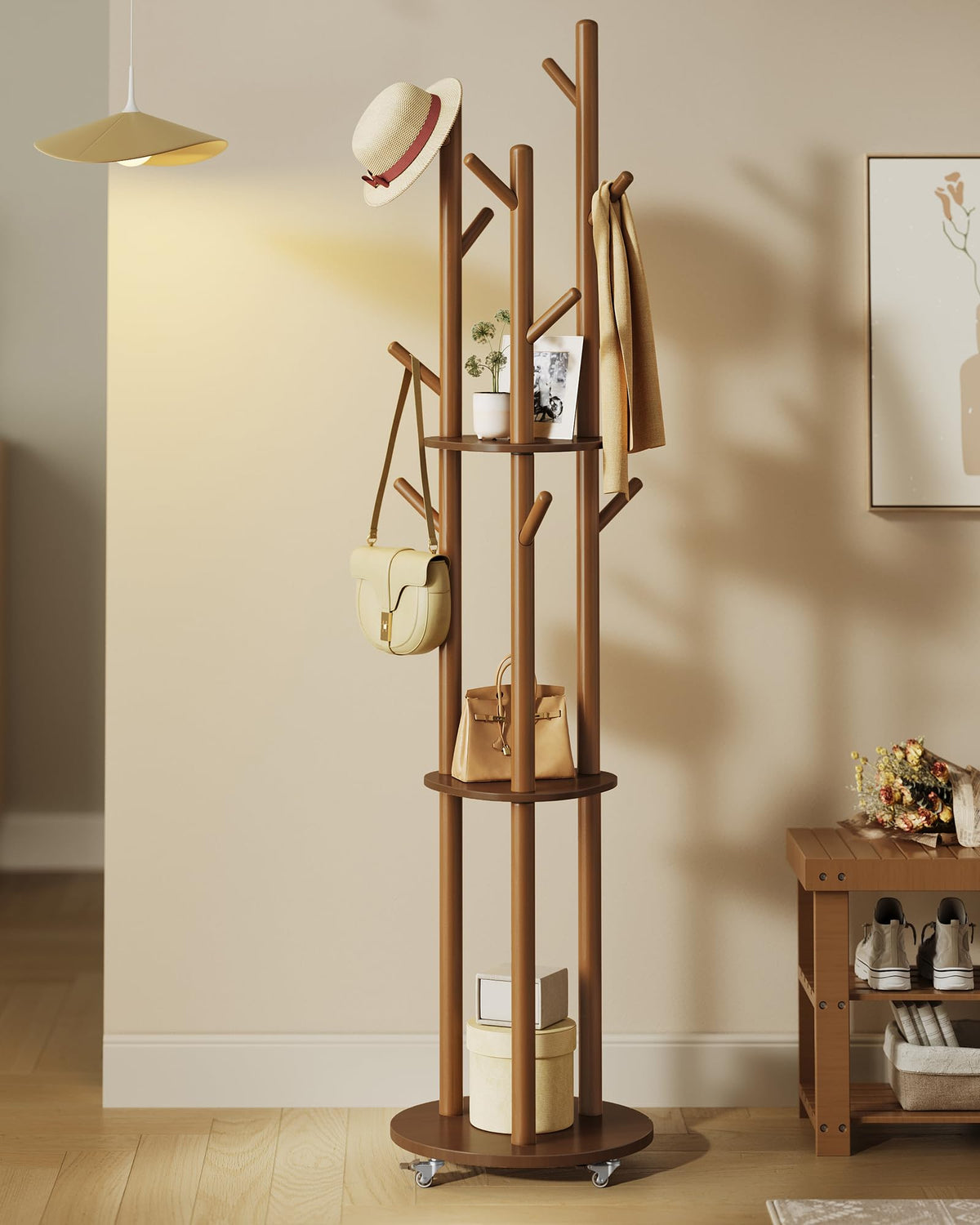 VASAGLE Freestanding Coat Rack Stand, Coat Tree with 11 Hooks, 3 Shelves, 4 Removable 360° Swivel
