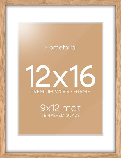 Homeforia 12x16 Wood Frame, High End Natural Oak 12x16 Light Wooden Picture Frame with Mat 9x12, 12