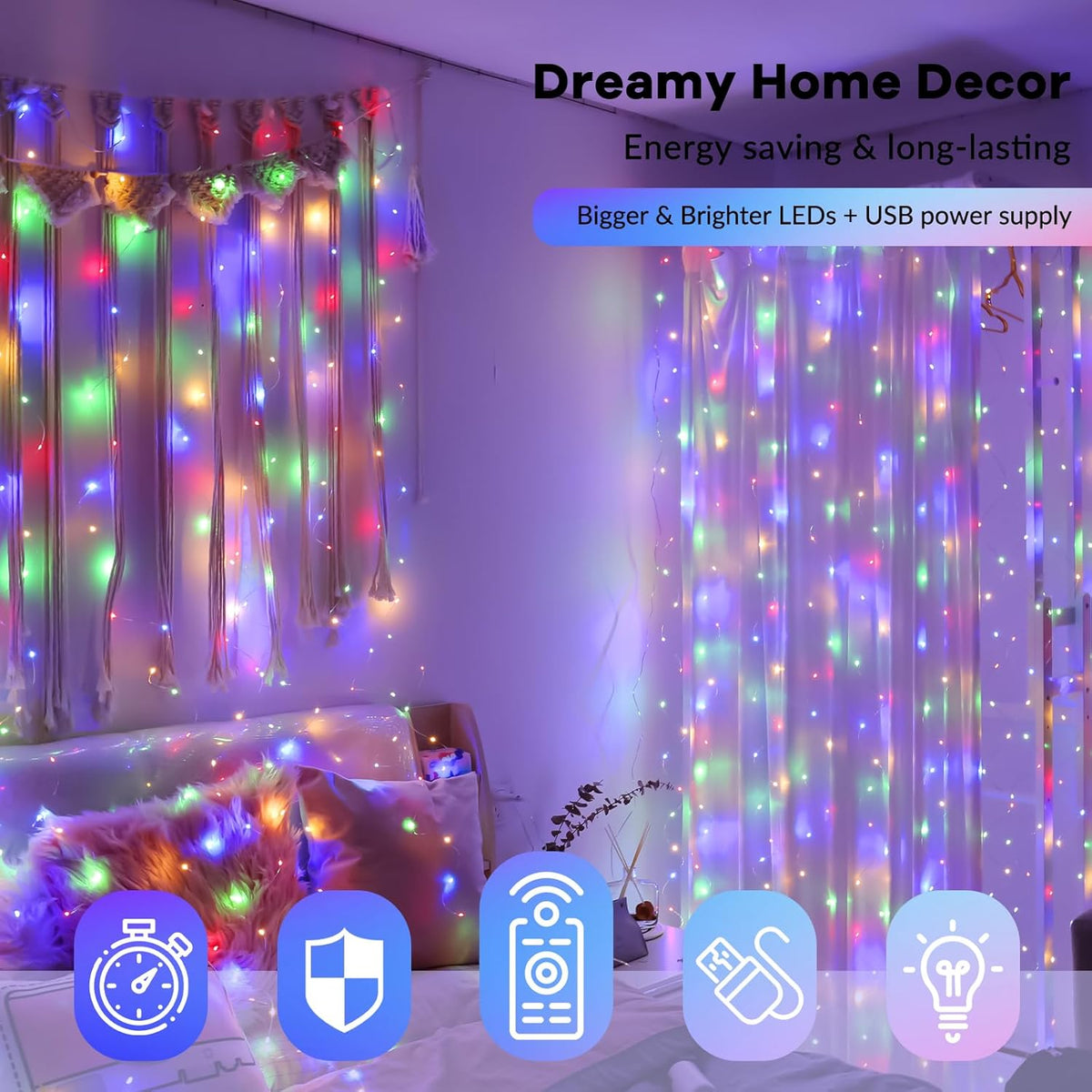 HXWEIYE 300LED Multicolor Fairy Curtain Lights with Remote 8 Modes Timer for Bedroom, 9.8x9.8Ft USB