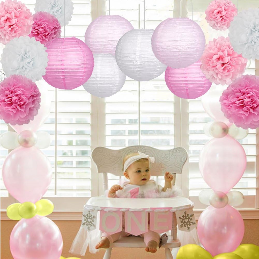 15Pcs Party Pack Paper Lanterns and Pom Pom Balls Hanging Decoration for Wedding Birthday Baby