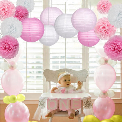 15Pcs Party Pack Paper Lanterns and Pom Pom Balls Hanging Decoration for Wedding Birthday Baby