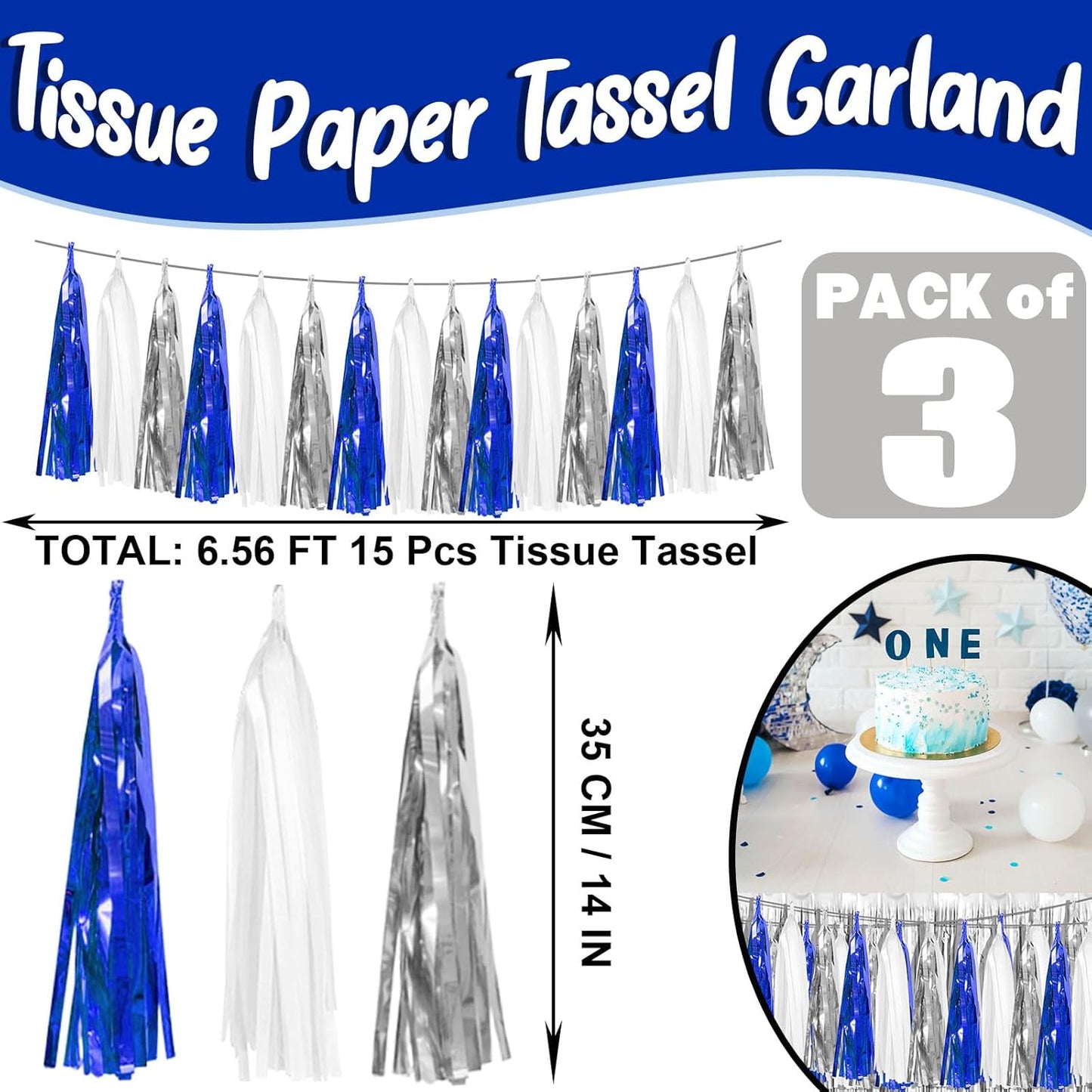 3P Navy-Blue White-Silver Tassel Garland Banner, Tassels Banner Streamers for Parade Floats