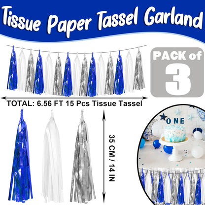 3P Navy-Blue White-Silver Tassel Garland Banner, Tassels Banner Streamers for Parade Floats
