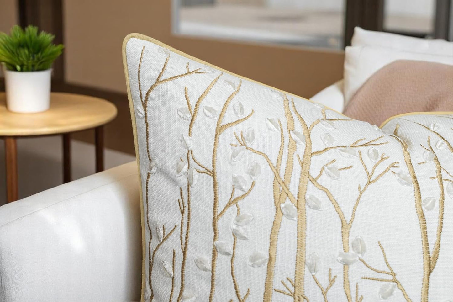 VAGMINE Embroidered Forest Throw Pillow Cover - 20x20 Inches Square - 100% Cotton Ivory Decorative