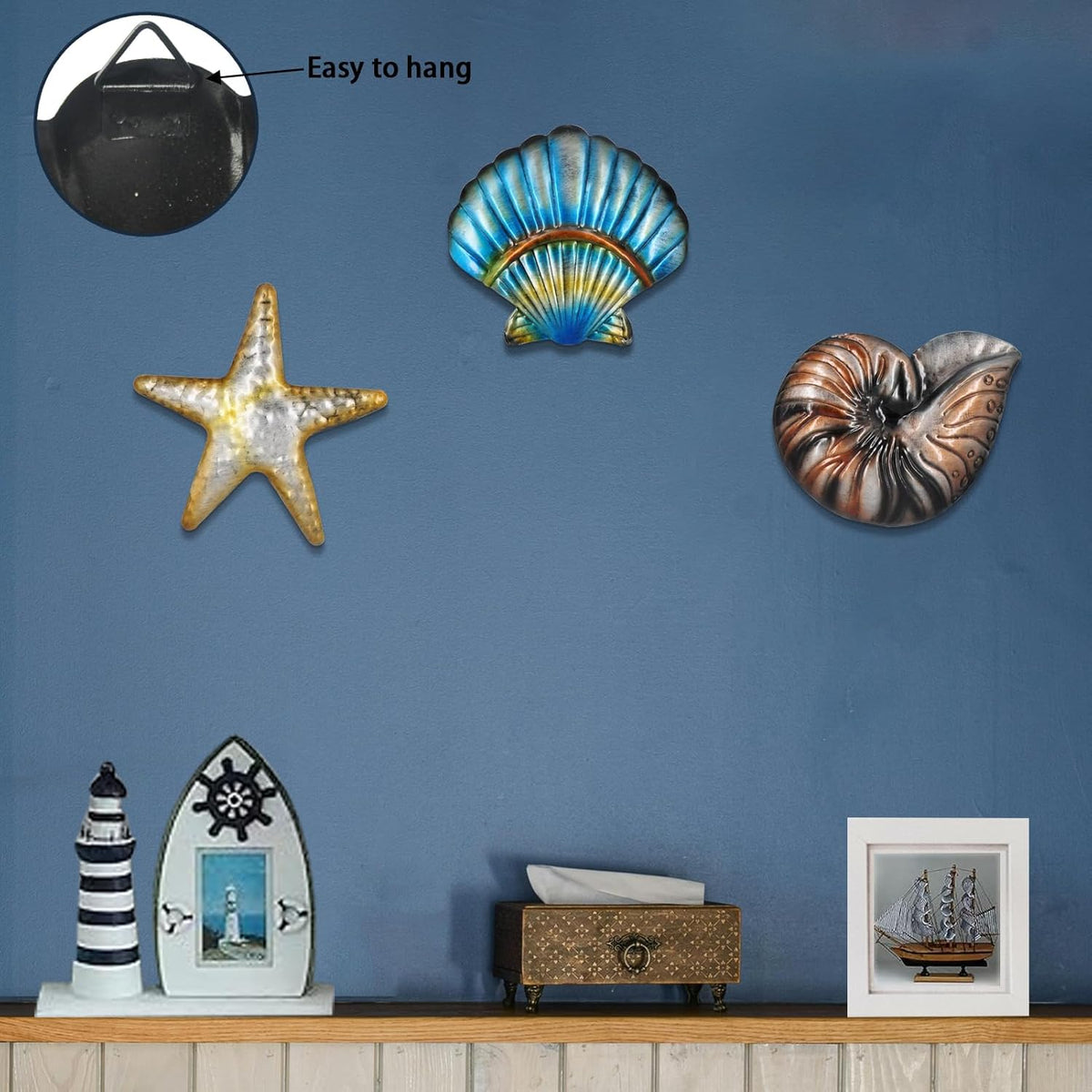 Metal Ocean Wall Sculptures Outdoor Metal Sea Star Conch Wall Art Decor Pool Garden Patio Bathroom