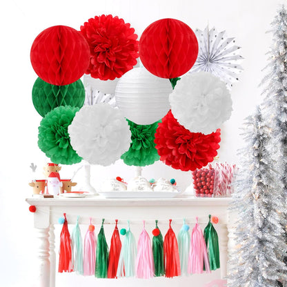 Red-Green White Party Decorations - 14pcs Winter Birthday New Year Paper Lanterns Fan,Italian