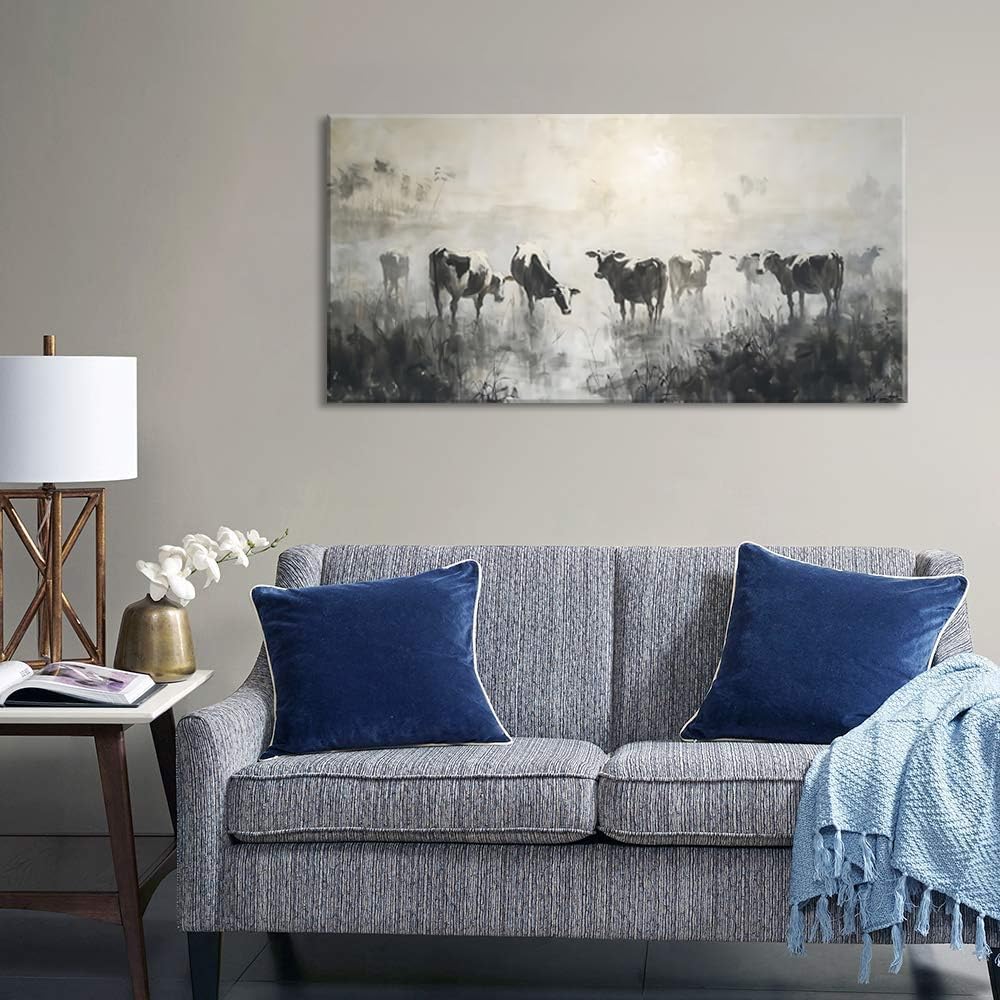 LASMOND Black and White Cow Wall Art for Living Room Ink Wash Canvas Painting Prints Morning Cattle