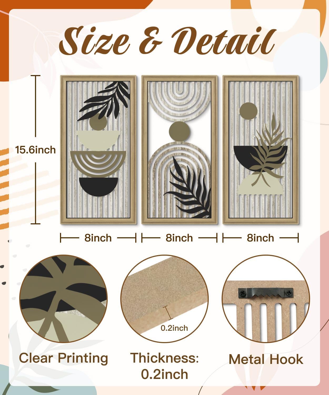 Putuo Decor Boho Abstract Wall Art, Set of 3, Modern Geometric Botanical Wooden Wall Decor