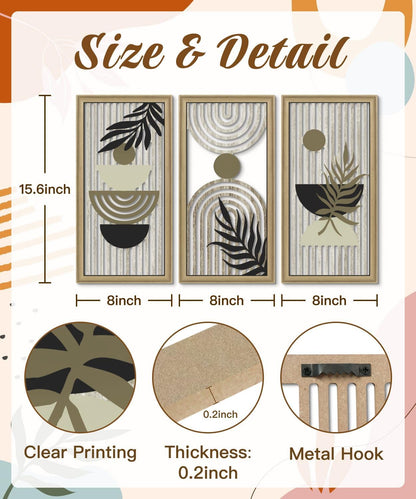 Putuo Decor Boho Abstract Wall Art, Set of 3, Modern Geometric Botanical Wooden Wall Decor