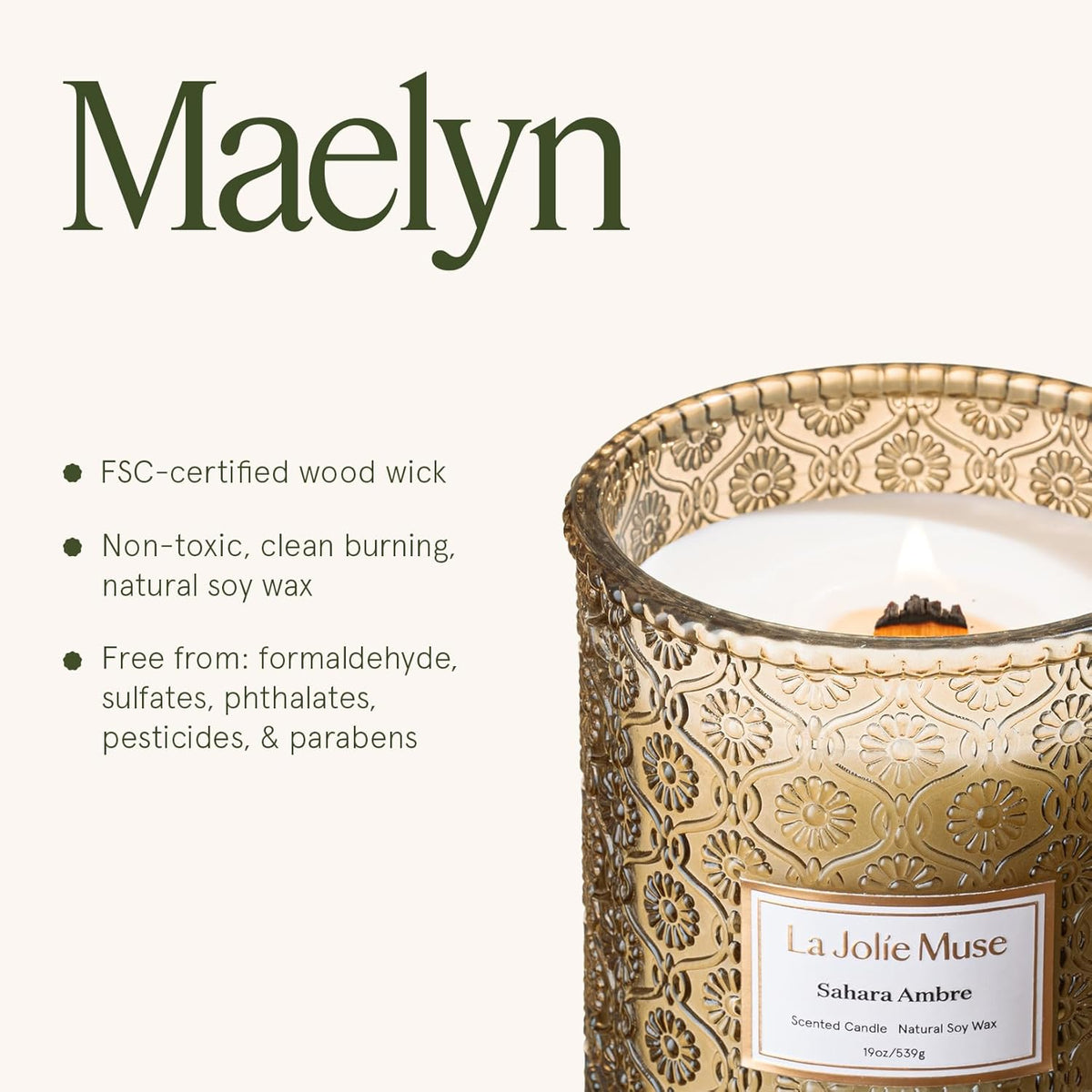 LA JOLIE MUSE Fall Candle | Sahara Amber Candle – Bergamot, Clove & Amber | 19 oz Wooden Wick |
