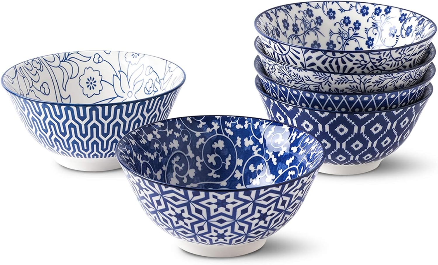 Selamica Blue and White Porcelain 20oz Cereal Bowl Set - Set of 6, 6 inch Soup Bowls, Ceramic bowls