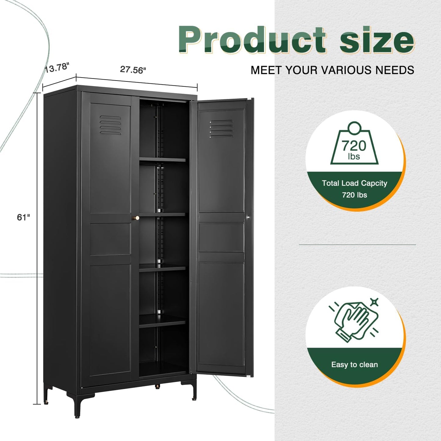 Letaya Black Storage Cabinet with Feets-Metal Home Kitchen Pantry Cabinets with Doors and