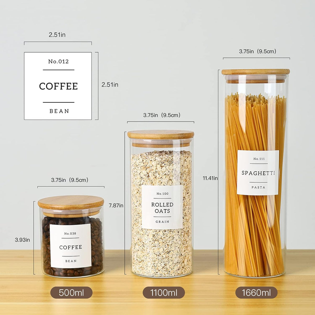 5 Pack Glass Jars with Bamboo Airtight Lids - Stackable Food Storage Containers with 132 Pantry