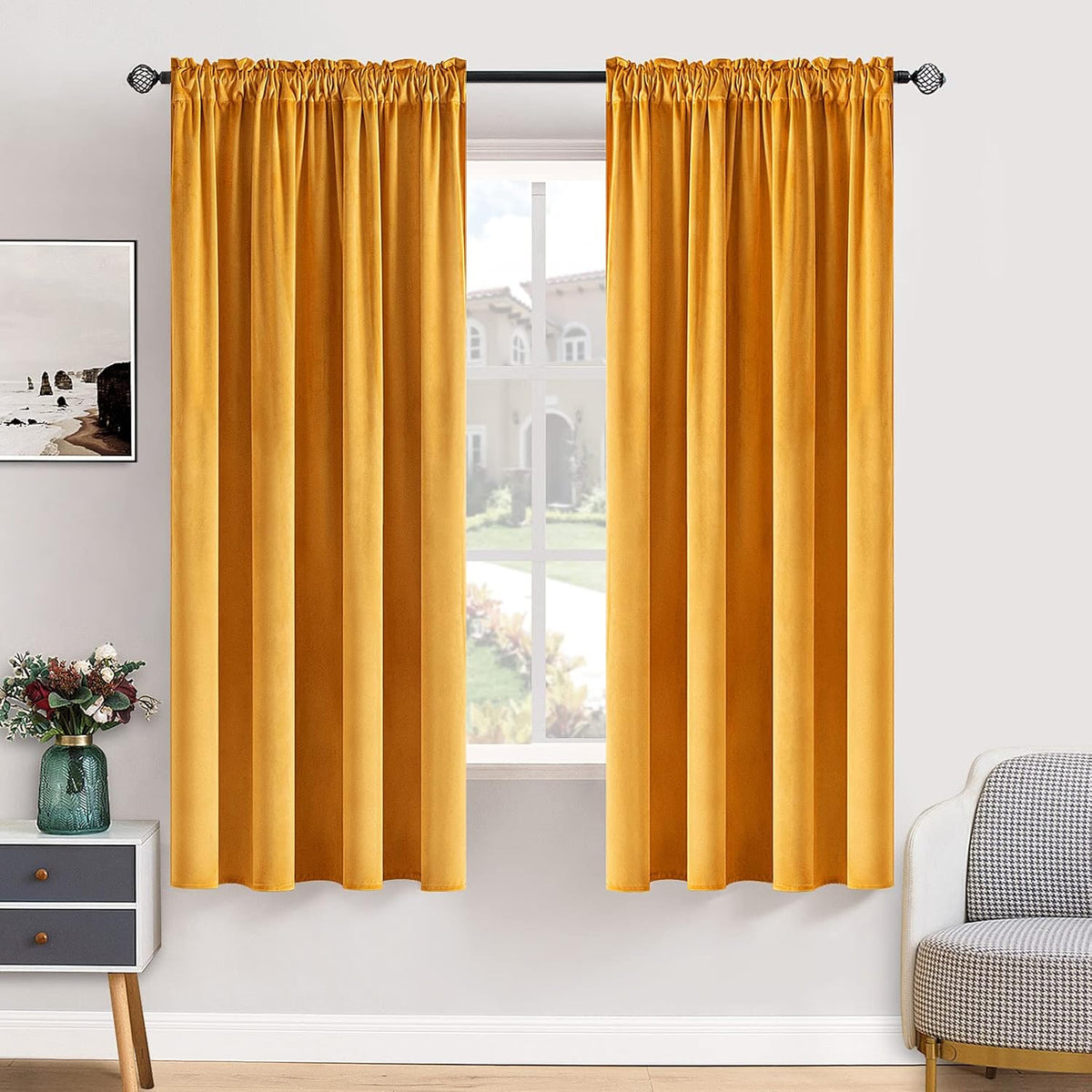MIULEE Mustard Yellow Velvet Curtains Thermal Insulated Blackout Curtain Fall Drapes for Bedroom