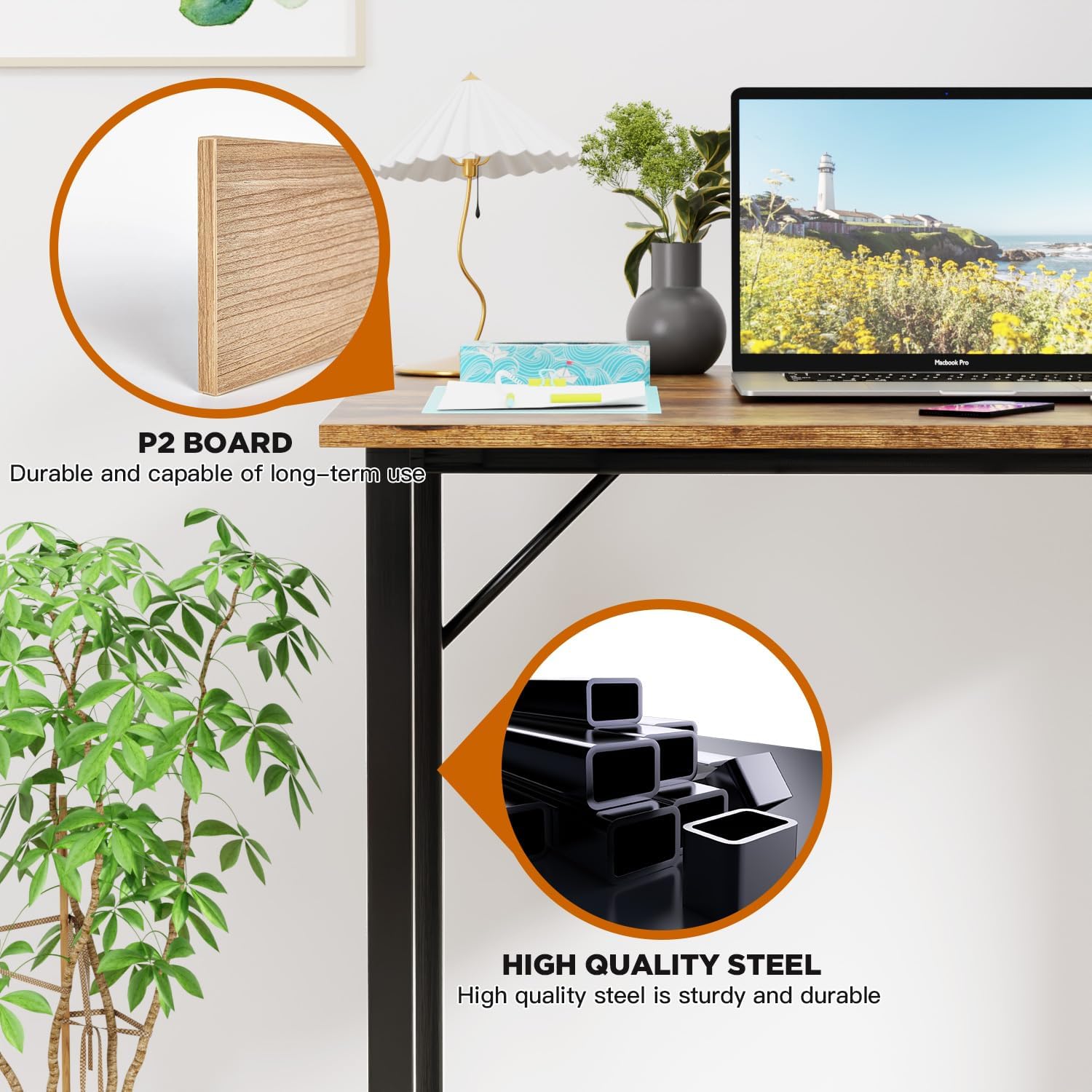PayLessHere | 32 Inch Computer Desk | Brown | Office Desk with Metal Frame, Adjustable Feet |