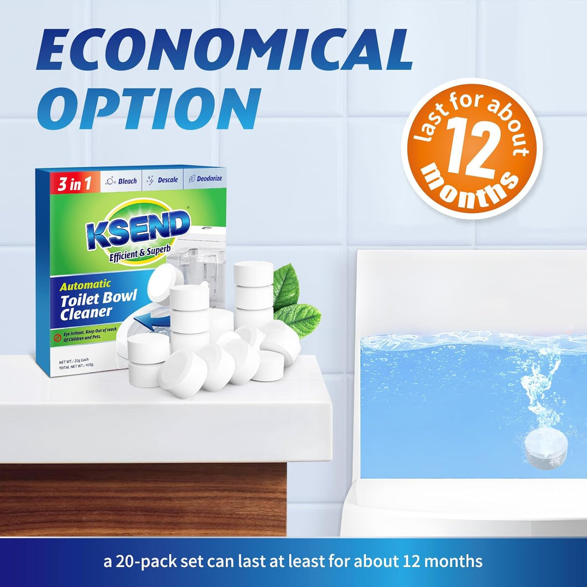 Toilet Bowl Cleaner Tablets - 20 PCS Automatic Bleach Toilet Cleaner Tablets, Slow-Releasing