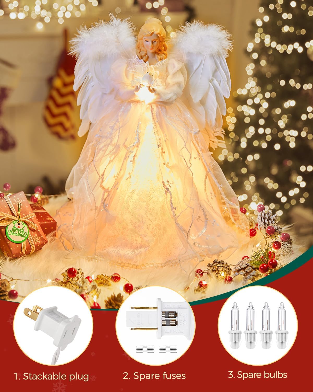 Christmas Tree Topper Angel with Lights, Xmas Tree Toppers Decorations Ornament with White Feather