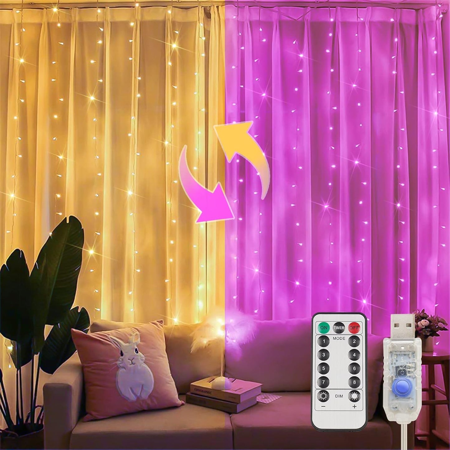 suddus Color Changing Curtain Lights, 200 Led 6.5ft x 6.5ft Hanging String Lights Outdoor, Fairy
