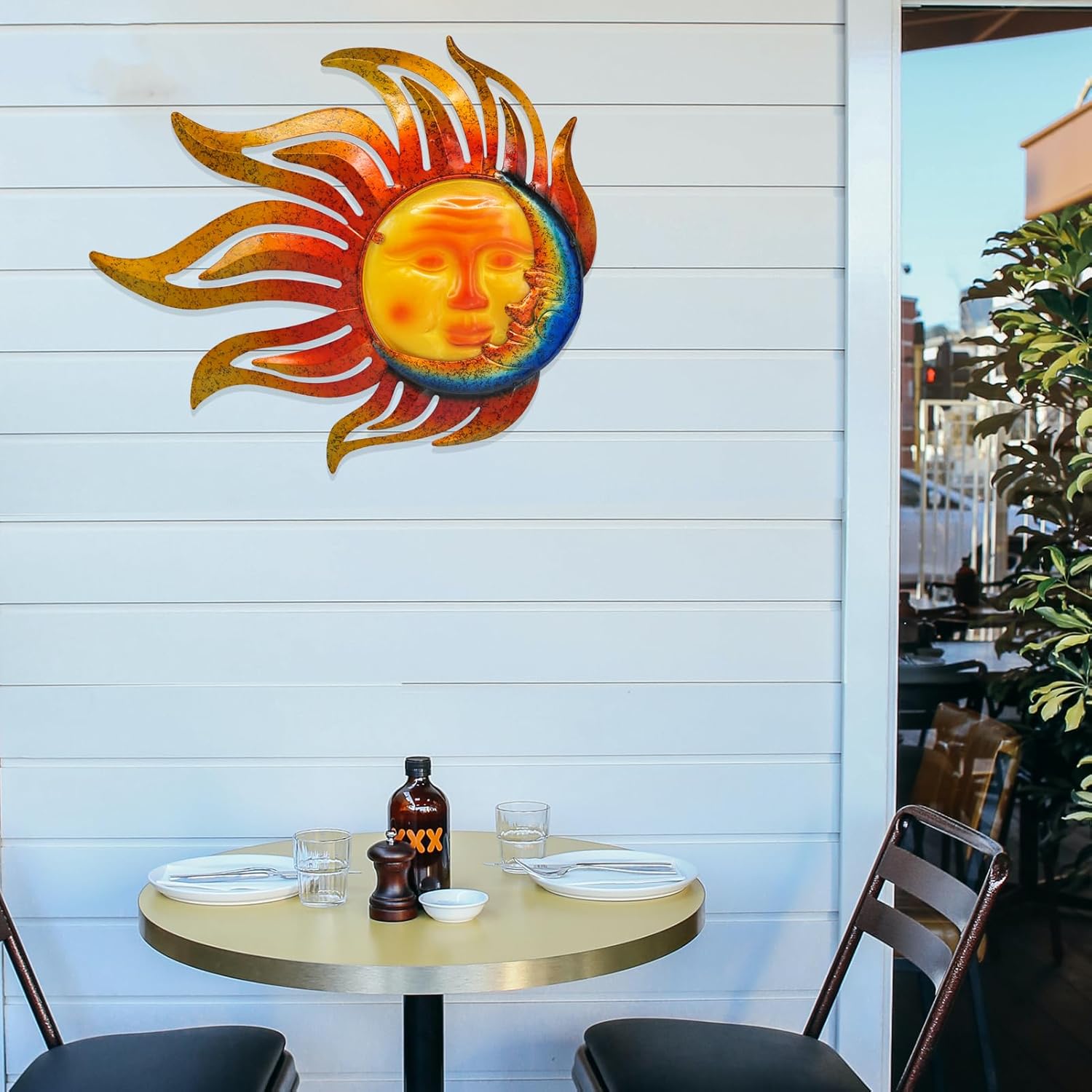 Tuokiuhn Large Sun Metal Outdoor Wall Art Decor Metal Sun Moon Wall Decor Outdoor Art Hanging