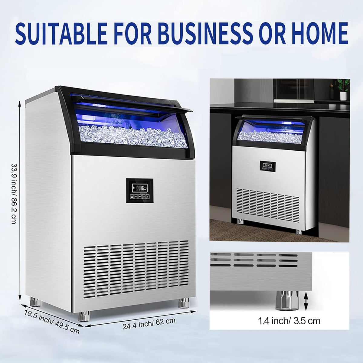 Commercial Ice Maker 250Lbs/24H Under Counter Ice Machine with 77Lbs Storage Bin, 90 Ice Cubes in