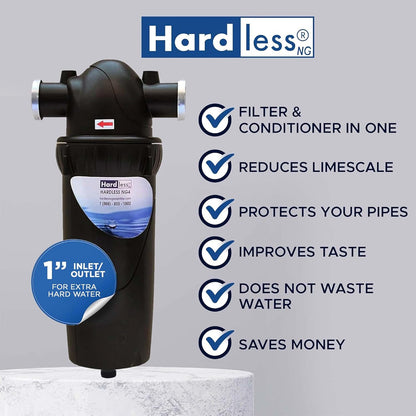 Hardless NG4L Whole House Water Filter - Salt-Free Softening Device - Reduces Limescale, Sediment &