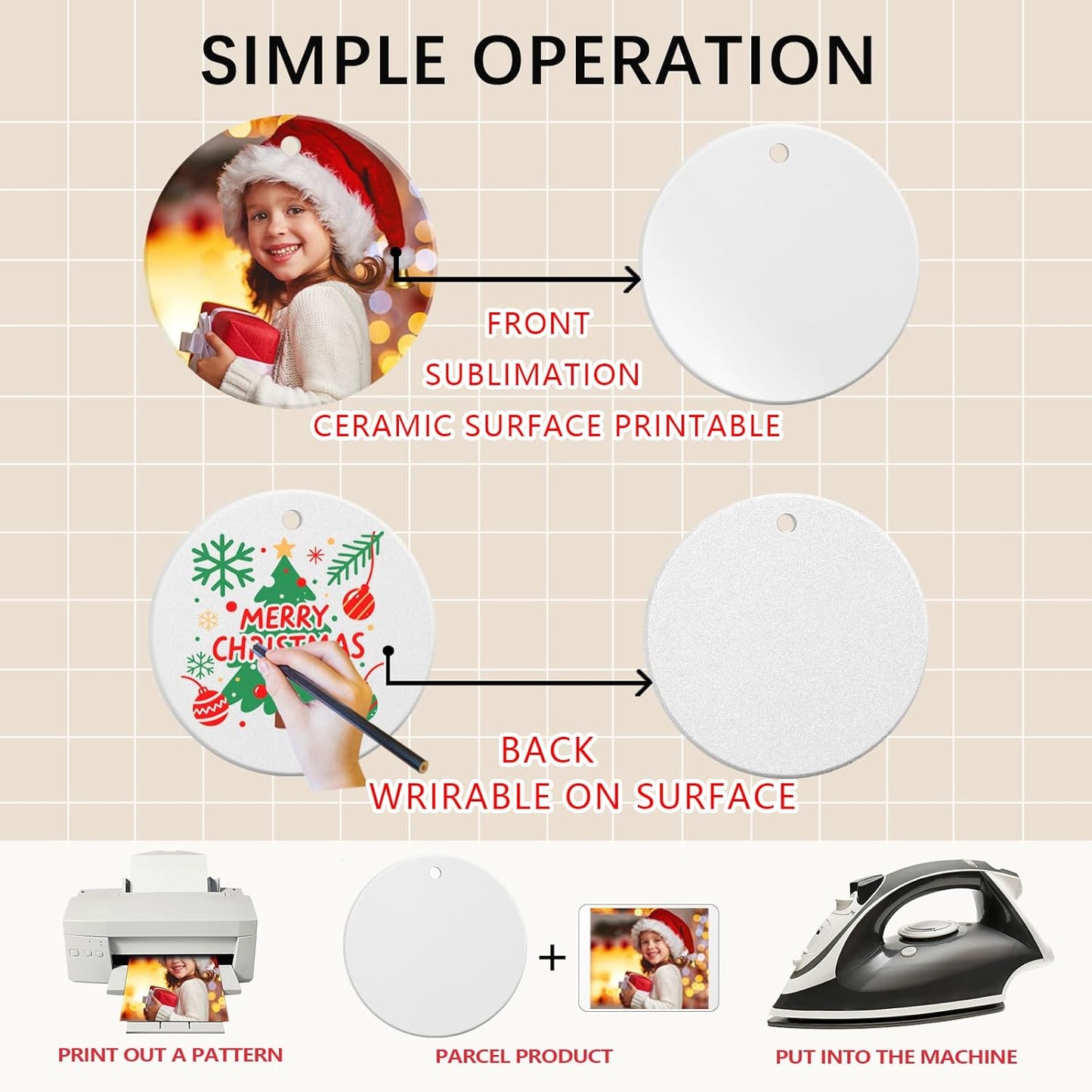 50 PCS Ceramic Sublimation Ornament Blanks Bulk 3 Inch White Round Crafts DIY Personalized Printed