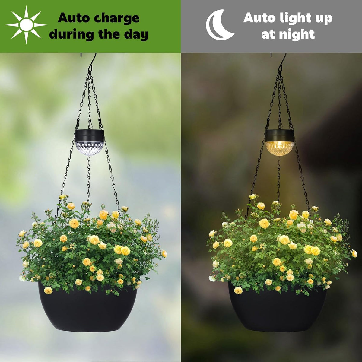 2 Packs Solar Hanging Basket Planters for Plants Outdoor, Self Watering Black Flower Plants Pots