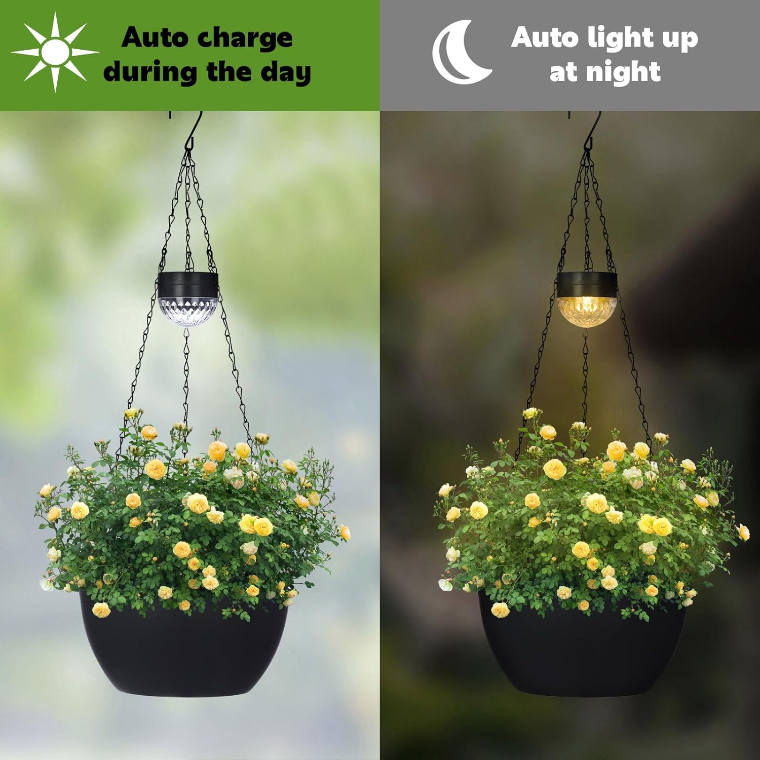 2 Packs Solar Hanging Basket Planters for Plants Outdoor, Self Watering Black Flower Plants Pots