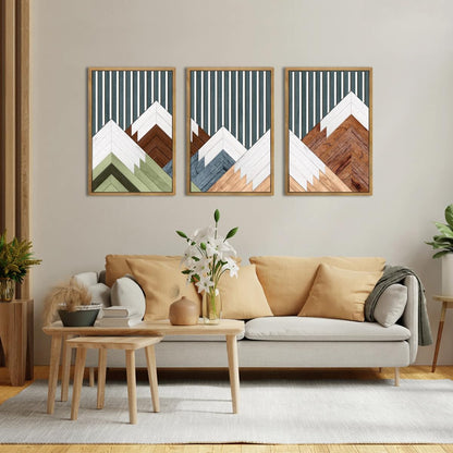 DRACIT Large Woodcut Mountain Wall Art Set Abstract Boho Forest Wood Wall Decor Nature Blue Art