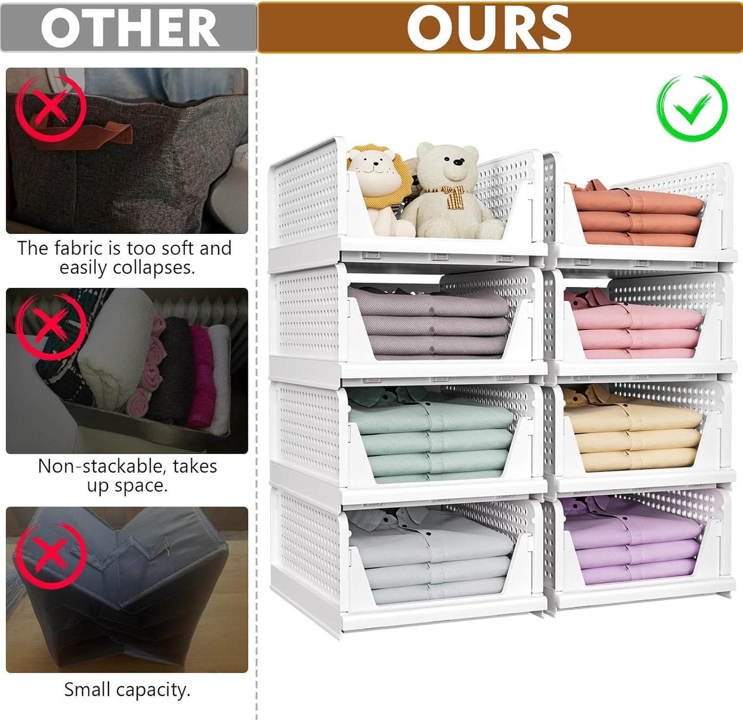 SNSLXH 5 Pack Stackable Closet Storage Basket, Multifunctional & Foldable Closet Organizer for