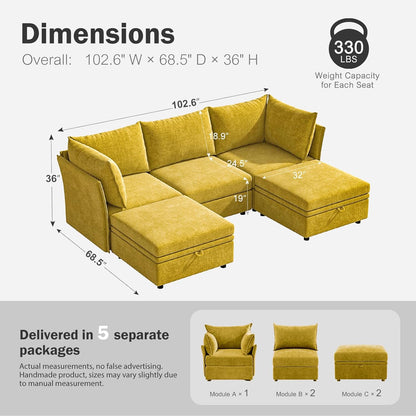 102.6" U Shaped Modular Sectional Sofa, 5 Seater Couch with Storage Ottoman Deep Seat and High