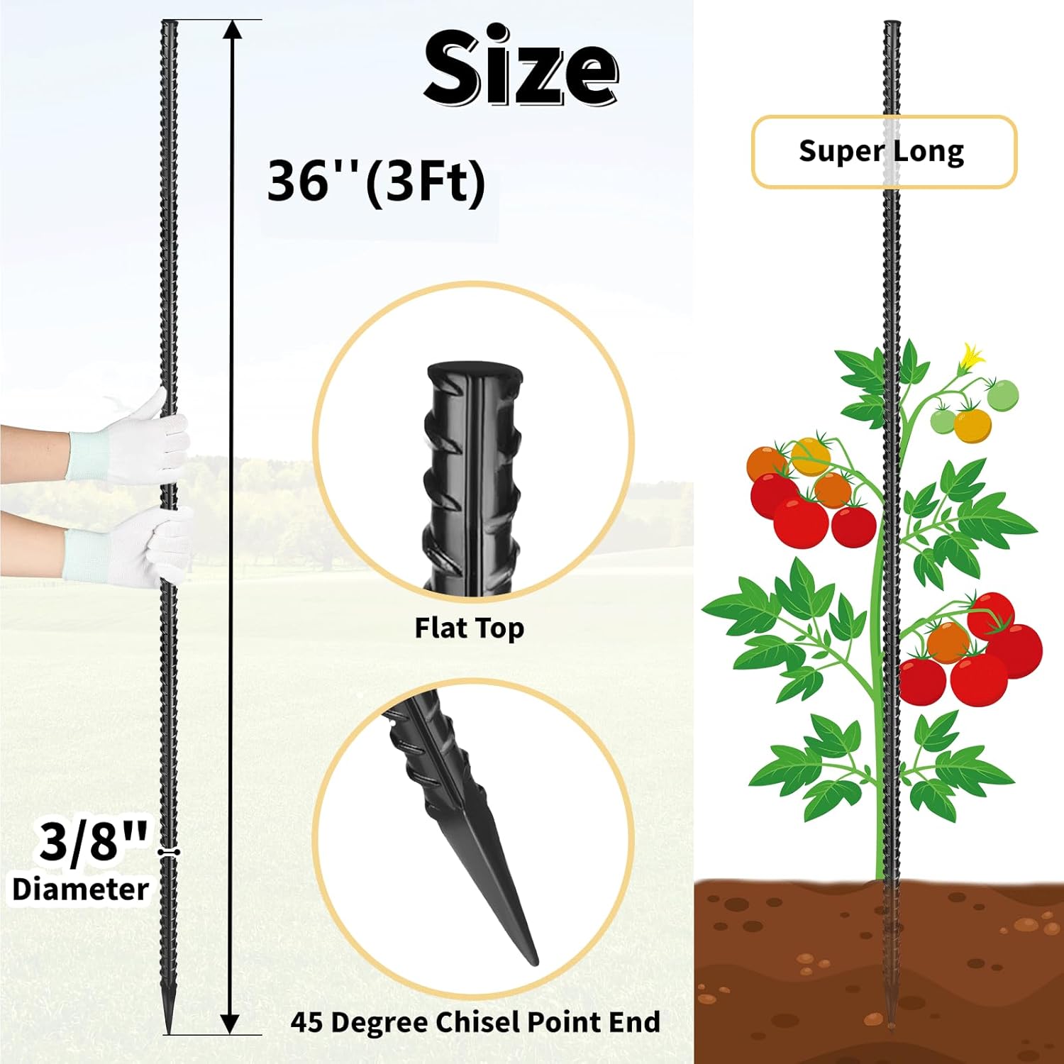Rebar Stakes 36 inches 16-Pack Concrete Form Stakes Straight 3/8" Diameter Rebar Ground Metal