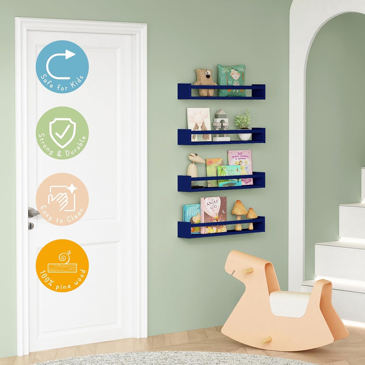 Forbena Wall Book Shelf Organizer for Kids Room Set of 4, Large Floating Book Shelves for Boy
