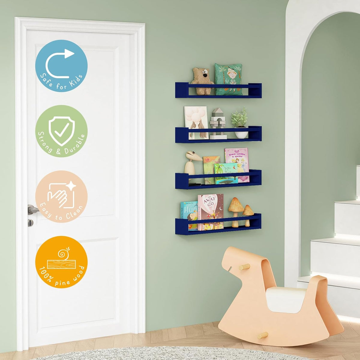 Forbena Wall Book Shelf Organizer for Kids Room Set of 4, Large Floating Book Shelves for Boy