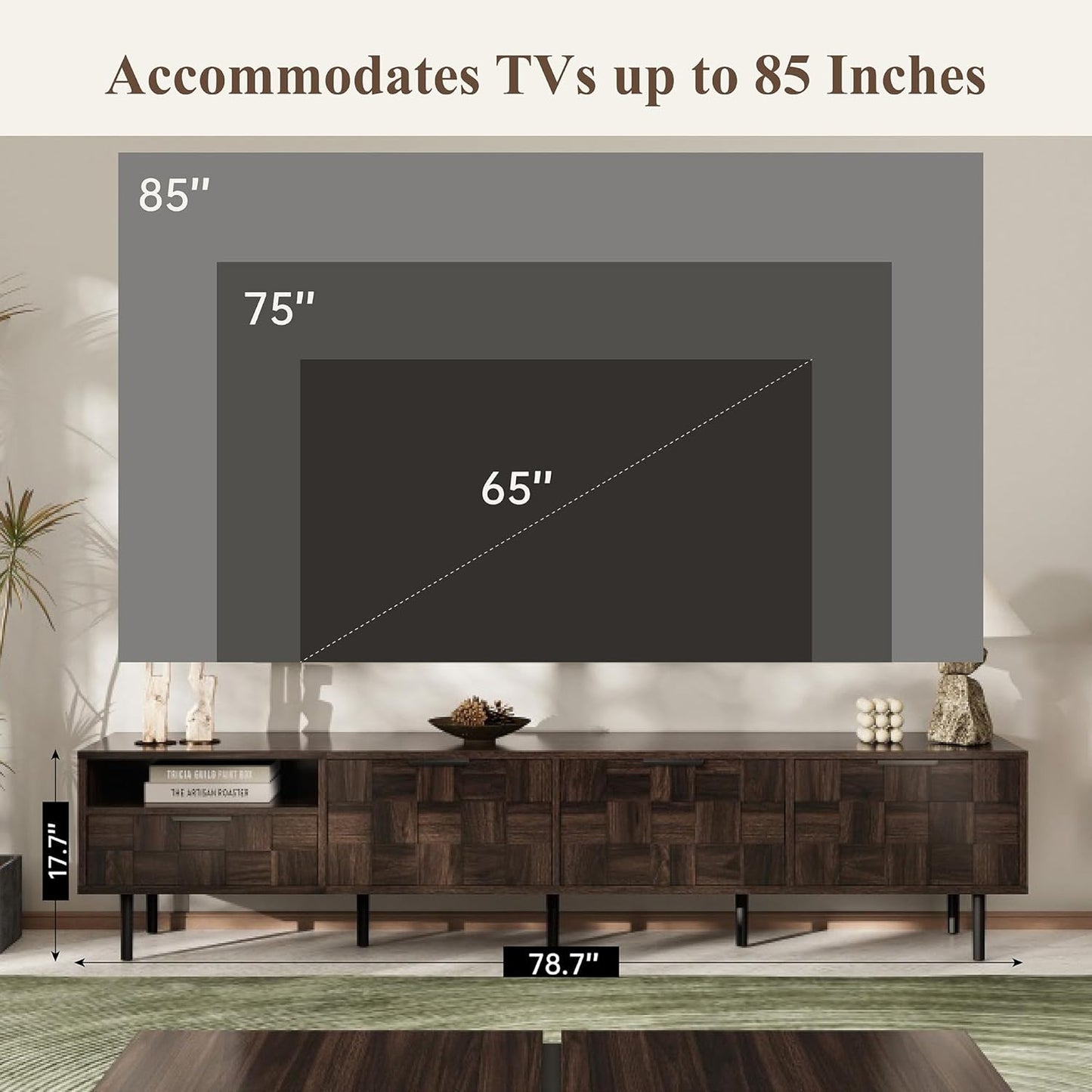 Modern TV Stand for TVs up to 85", Mid-Century Media Console with Checkered Cabinet Doors, Storage