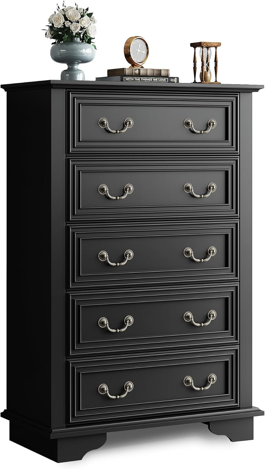 WLIVE Farmhouse Dresser for Bedroom, Tall Wood Dresser with 5 Drawer, Chest of Drawers with Roman