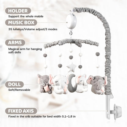 Baby Crib Mobile - Elephant Crib Mobile for Girls with 25 Inches Mobile Arm and 35 Lullabies