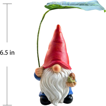 Garden Gnome Statue Decoration with Leaf Umbrella, 6.5” Figurine Ornament for Indoor Outdoor Home
