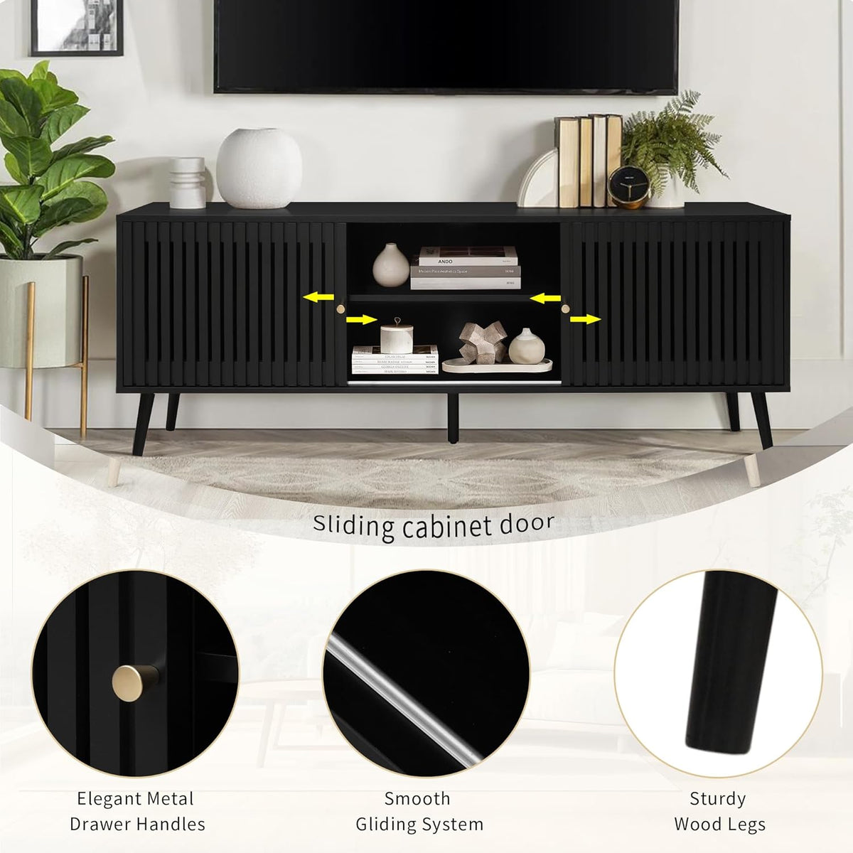 Mid Century Modern TV Stand for Televisions up to 70 Inches, with Sliding Doors and Storage