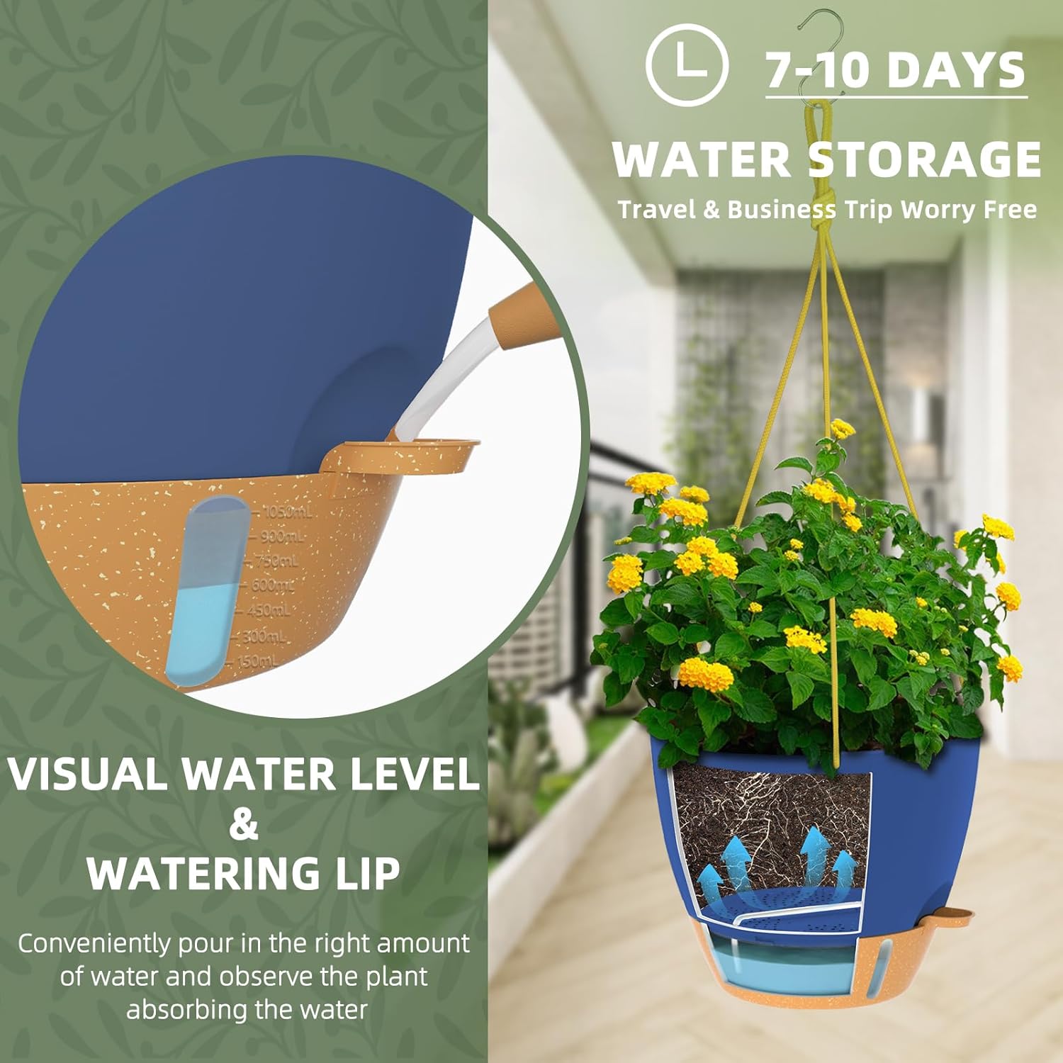ZMTECH 10 Inch Hanging Planters for Indoor Outdoor Plants, 2 Pack Self Watering Hanging Plant Pots