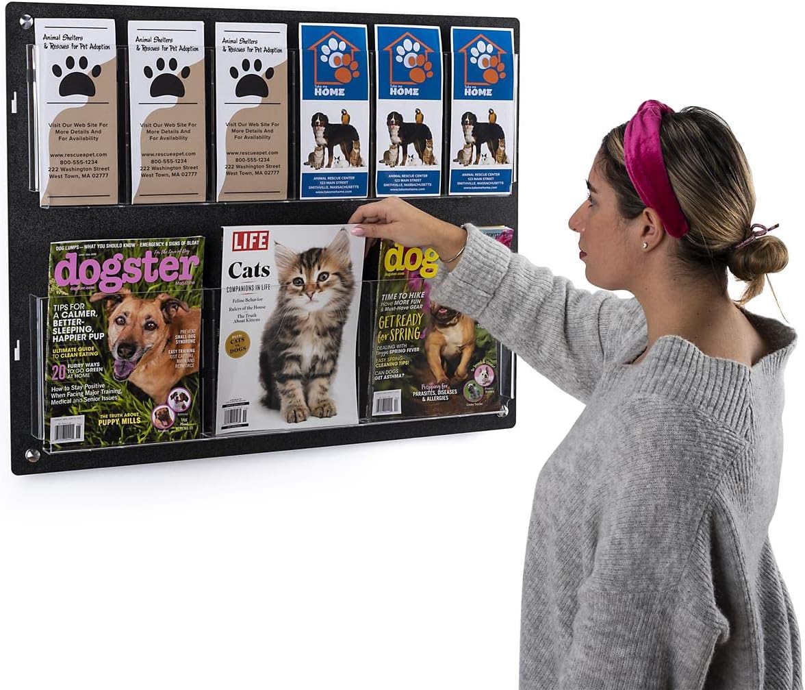 Displays2go Tiered Brochure Rack for Wall, 6-12 Adjustable Pockets, Frameless Acrylic - Black