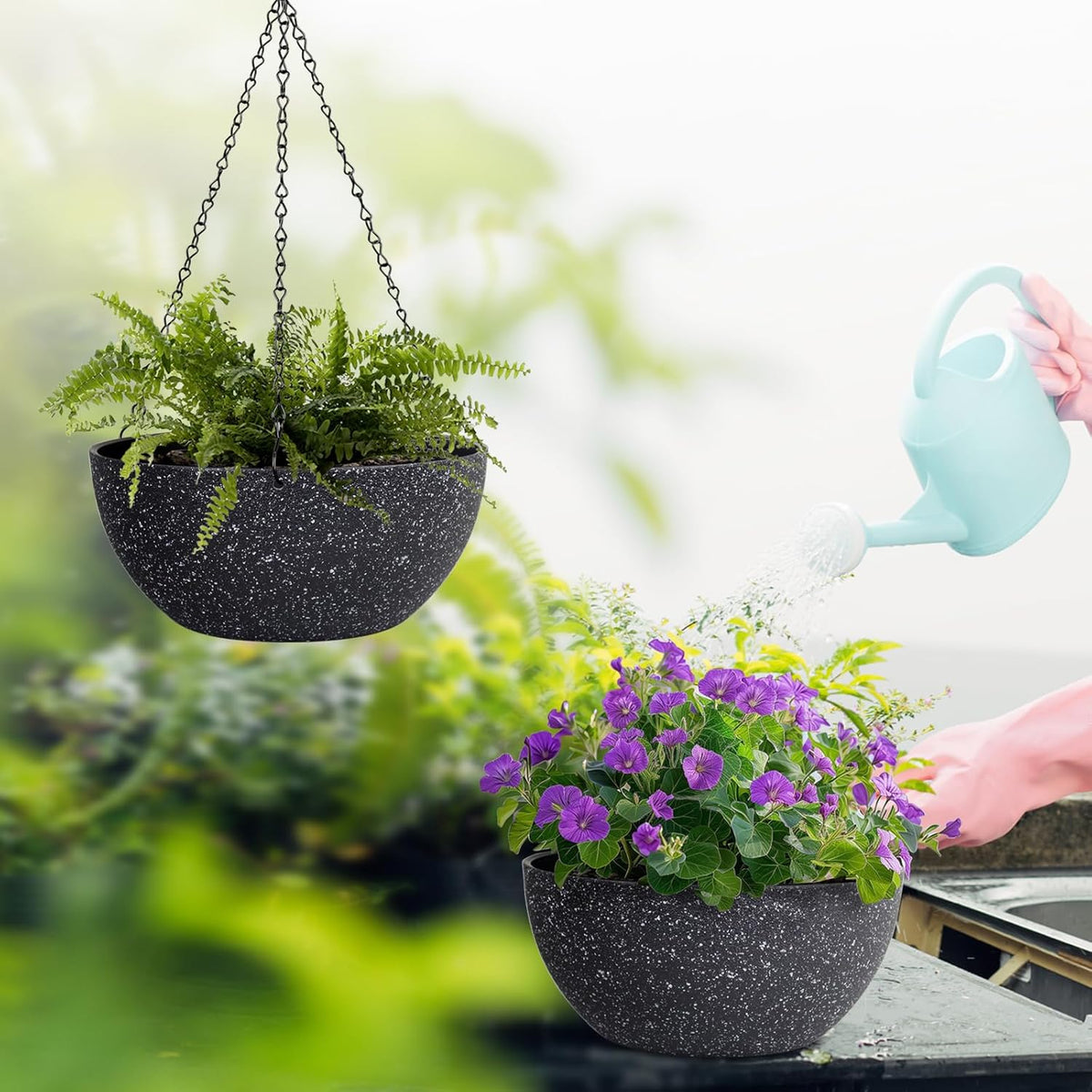 13 inch Large Hanging Planters Plant Pots for Outdoor Indoor Plants with Drainage Holes and Chain